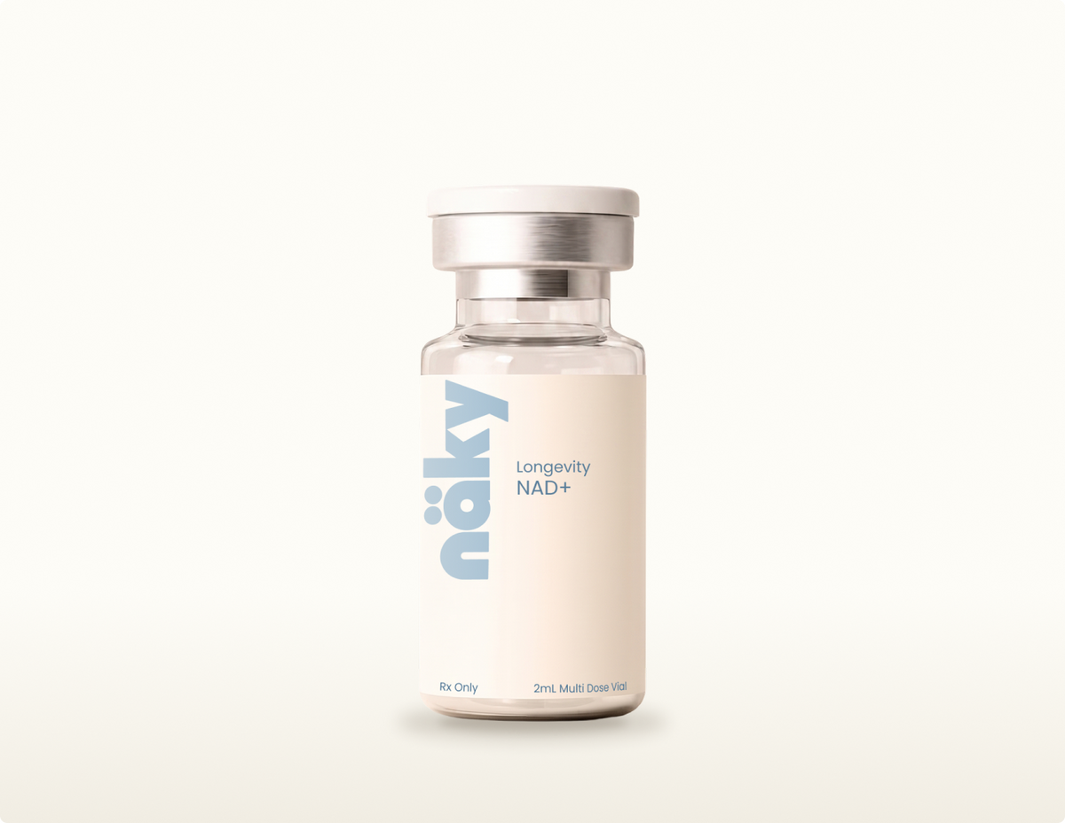 Compounded NAD+ multi-dose vial on a warm neutral background