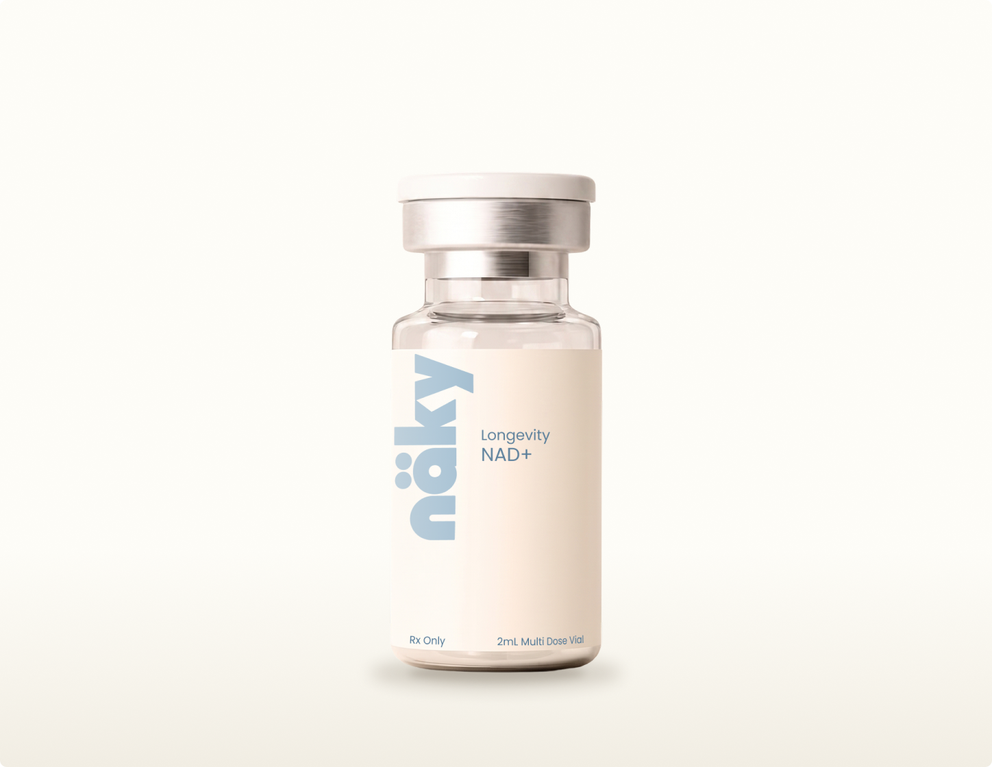 Compounded NAD+ multi-dose vial on a warm neutral background