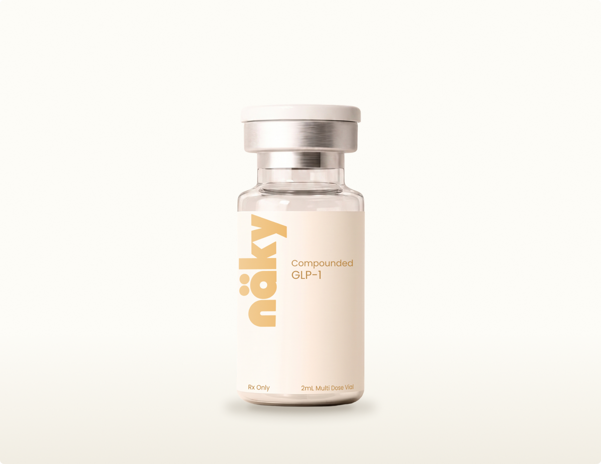 Compounded semaglutide multi-dose vial on a warm neutral background