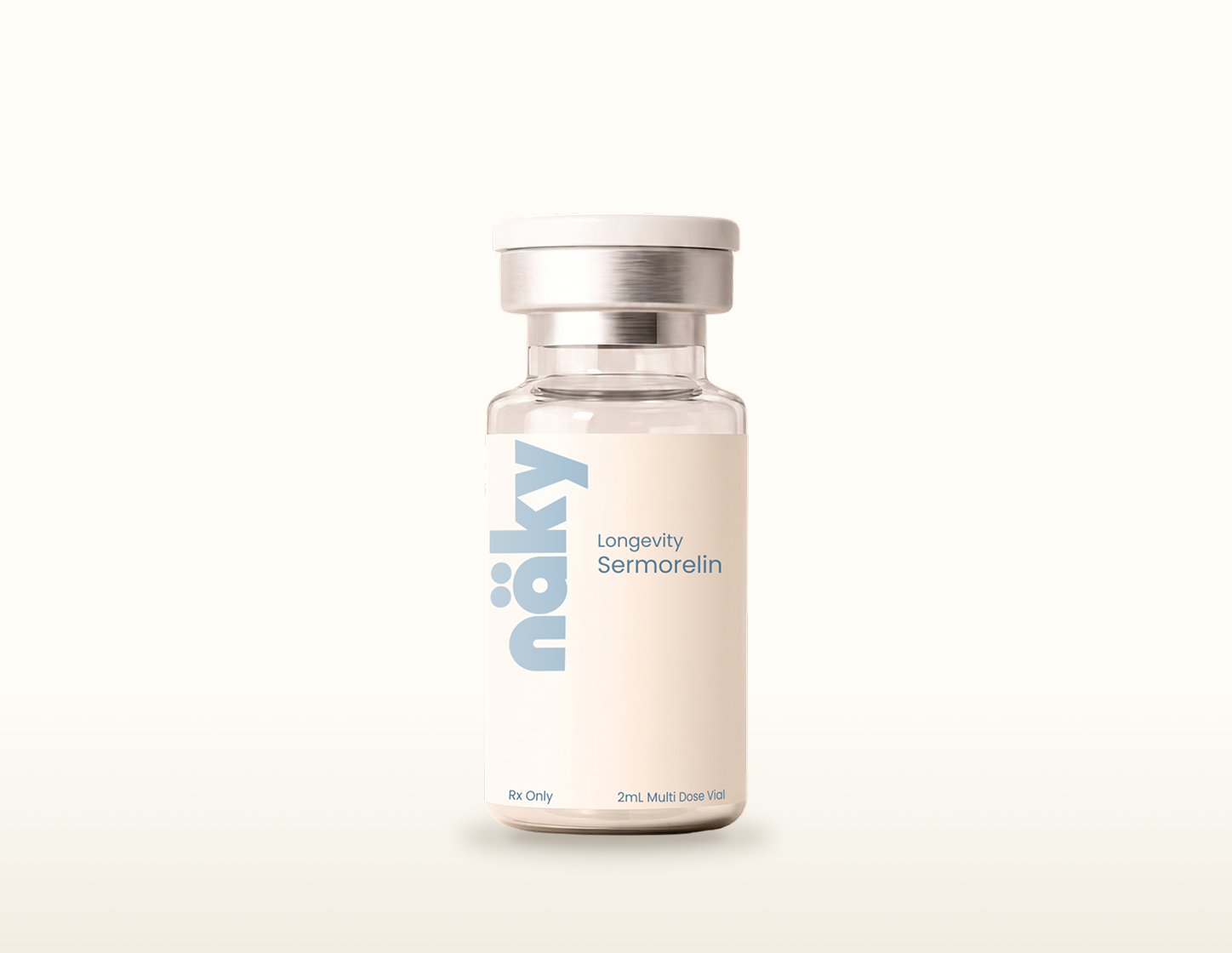 Compounded sermorelin multi-dose vial on a warm neutral background