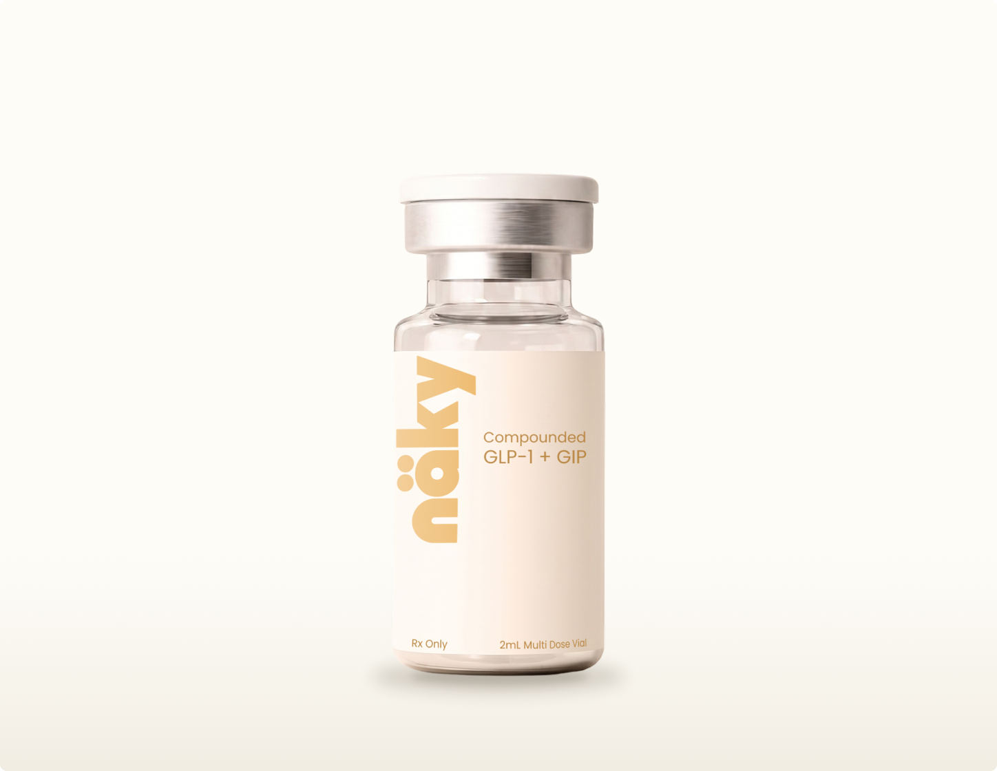 Compounded tirzepatide multi-dose vial on a warm neutral background