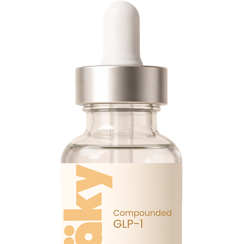 Bottle labeled 'näky' with 'Compounded GLP-1' on a transparent background